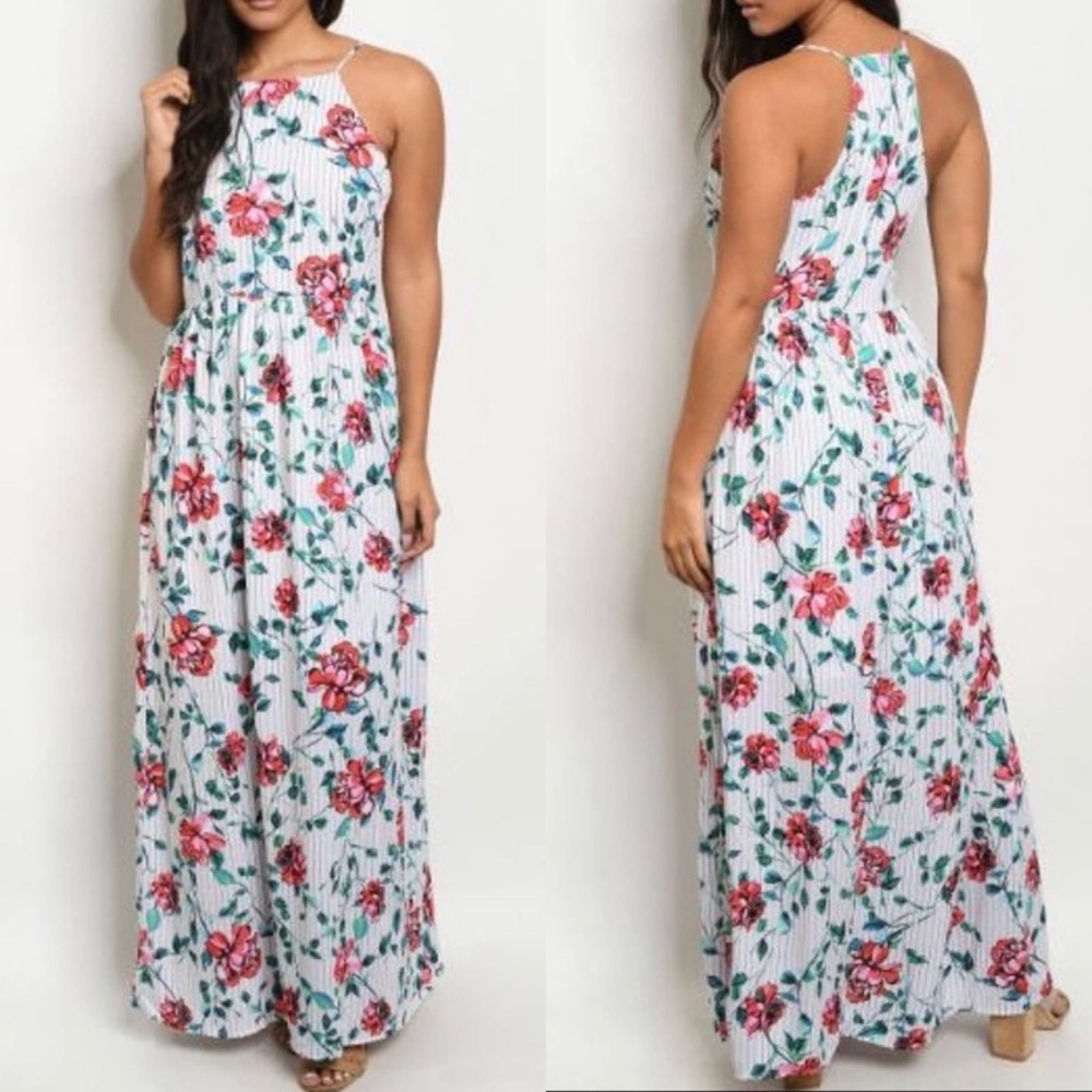 EVERLY Halter Style Striped Floral Print Maxi Dress Medium Roses